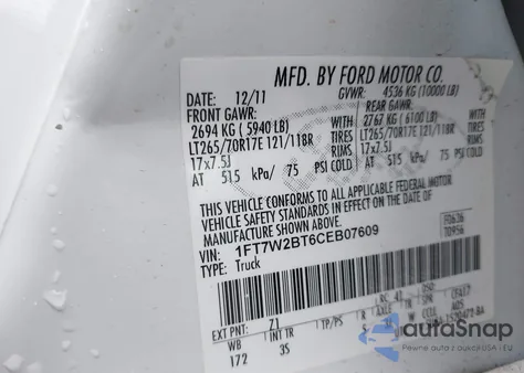 2012 Ford F-250 Xlt from USA, damaged, VIN 1FT7W2BT6CEB07609